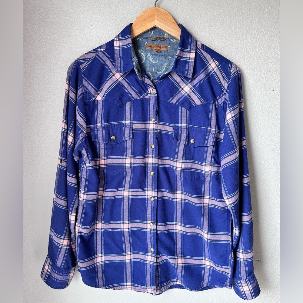 Jach's Girlfriend Blue Pink Plaid Flannel Snap Front Shirt Womens Size Small